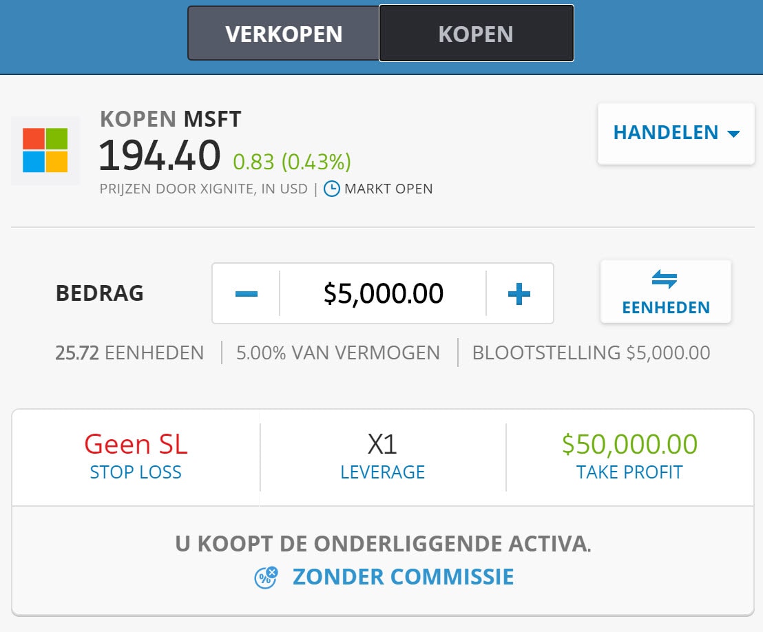 Aandelen order scherm eToro